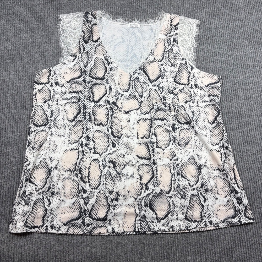 Poetsky Tank Top Womens 2XL Snakeskin Print Lace Trim V-Neck Sleeveless Blouse